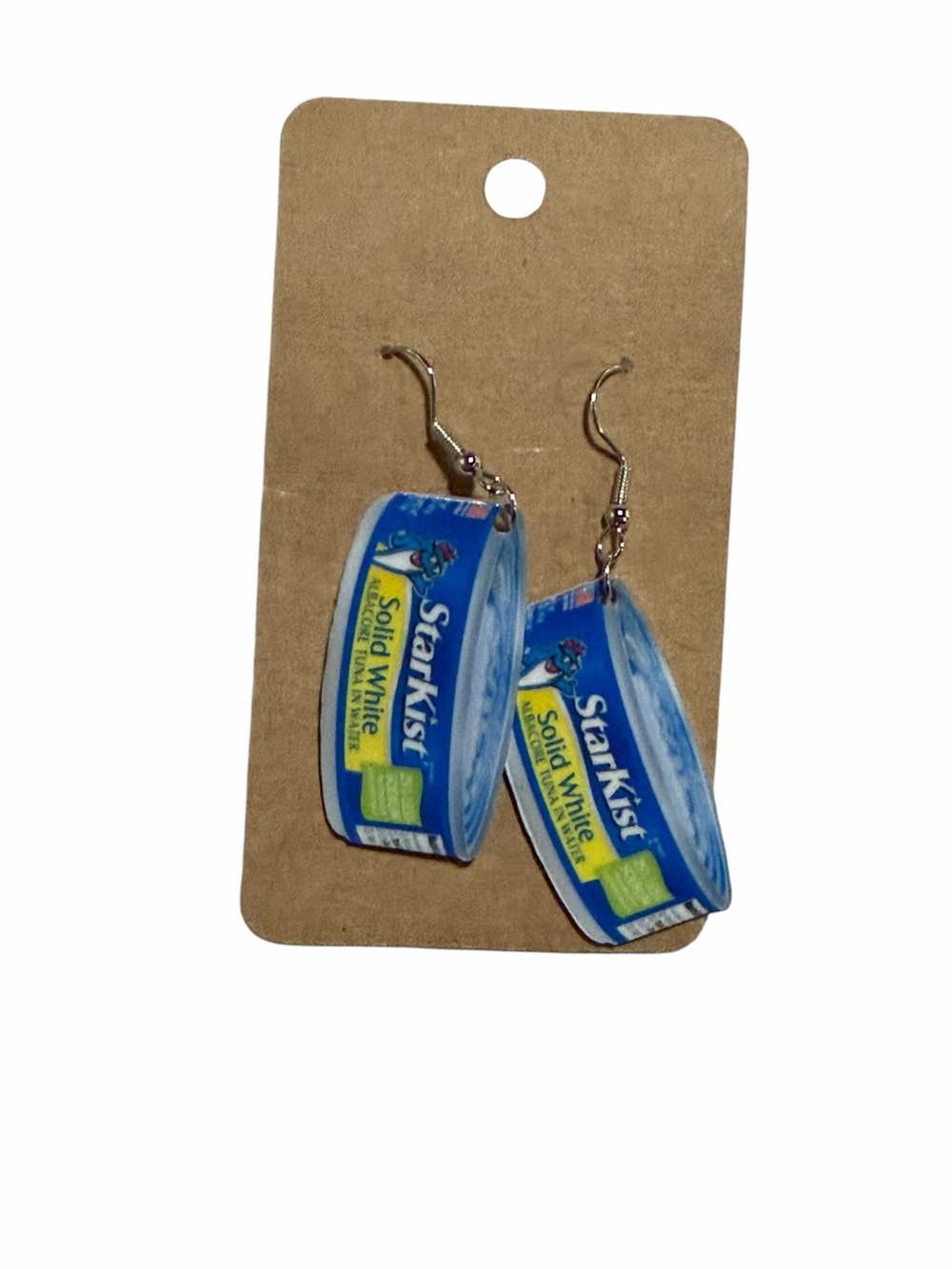 Blue Novelty Tuna Can Dangle Earrings